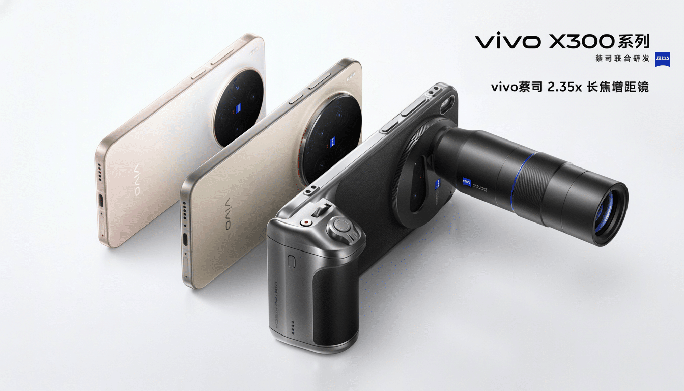 Three Vivo X30 0 series smartphones in different colors ( rose gold, champagne gold , and dark gray ) are displayed on a white surface , with the dark gray phone featuring an attached professional camera lens .