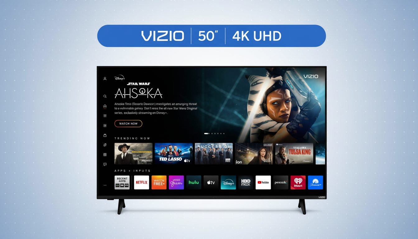 A Vizio 50" 4K UHD television displaying the Disney+ interface with "Ahsoka" highlighted, set against a professional flat design background with soft patterns.