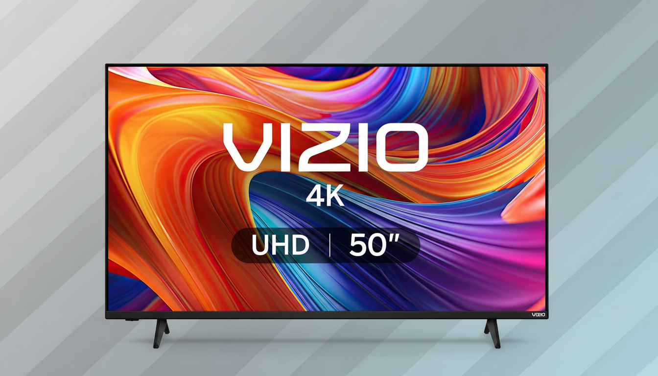 A Vizio 4K UHD 50-inch television with a colorful abstract display, set against a professional flat design background with soft gray and blue diagonal stripe patterns.