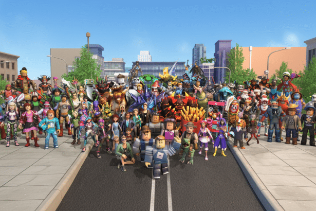 A large group of diverse Roblox characters and avatars, including a main block y figure in the foreground, stand on a street in a city environment under a blue sky.