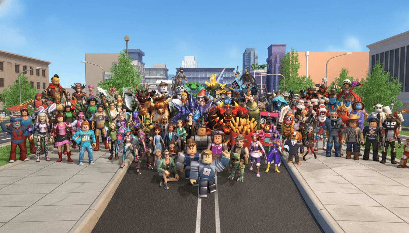 A large group of diverse Roblox characters and avatars, including a main block y figure in the foreground, stand on a street in a city environment under a blue sky.