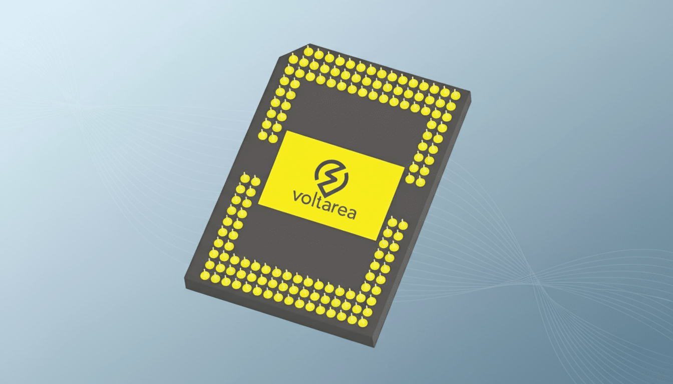A Vol tarea semiconductor chip in a 16:9 aspect ratio, set against a professional flat design background with soft blue gradients and subtle wave patterns. Filename : volt areachip professional 16 9.png