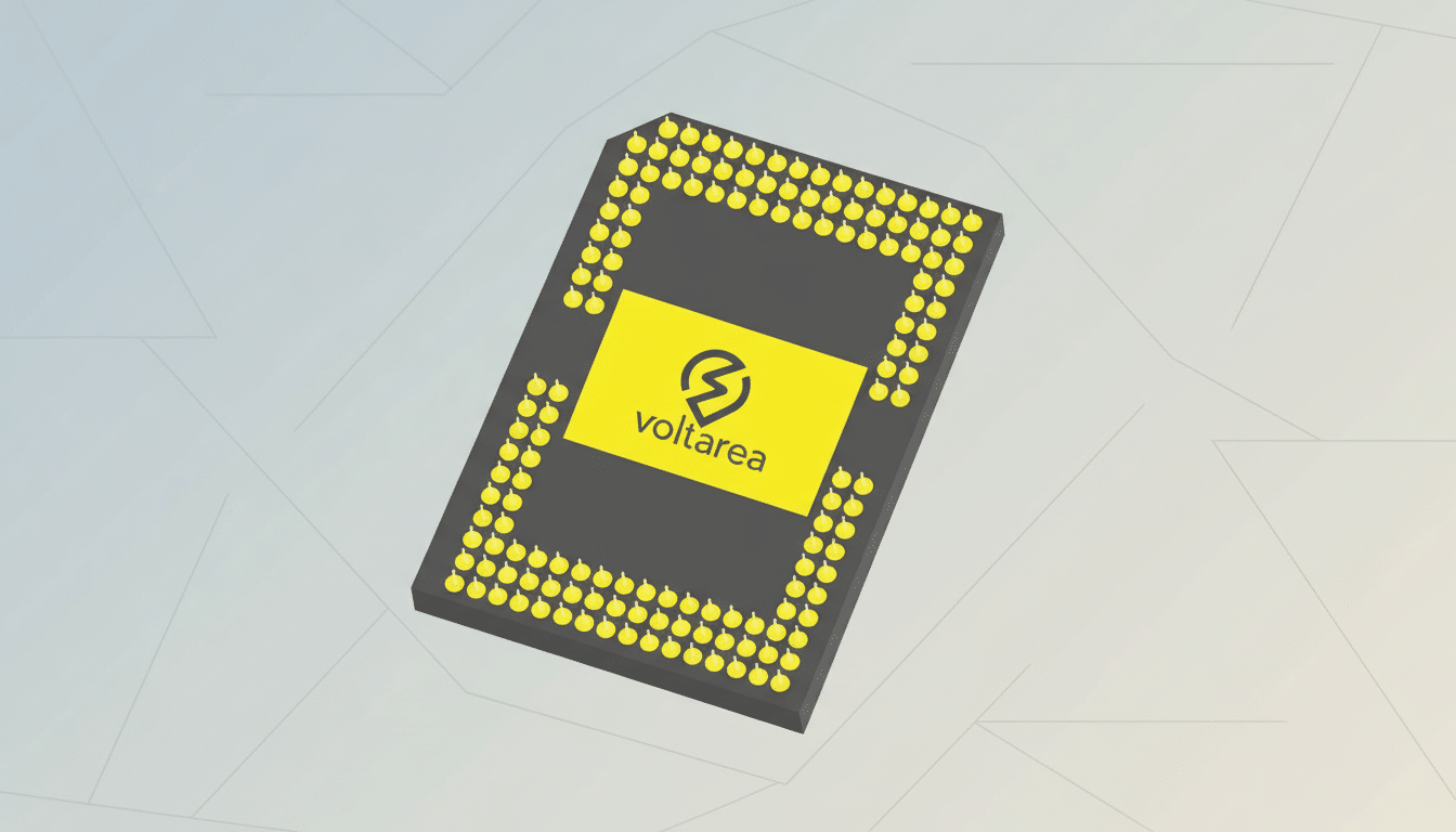A professional flat design image of a rectangular dark grey semiconductor chip with a yellow center label displaying the voltarea logo , set against a background of soft grey and light blue gradients with subtle geometric patterns.