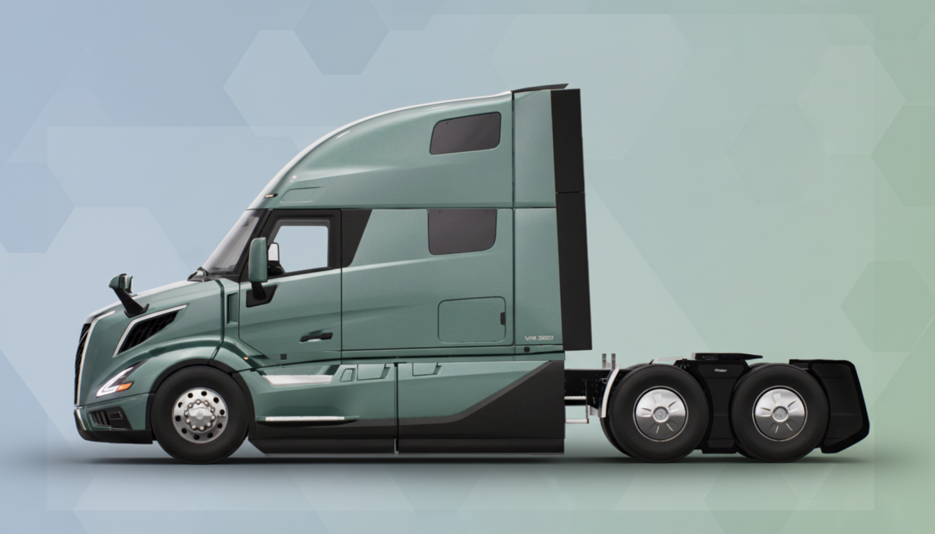 A professional side view of a modern green semi-truck cab with a sleeper, set against a soft gradient background with subtle hexagonal patterns.
