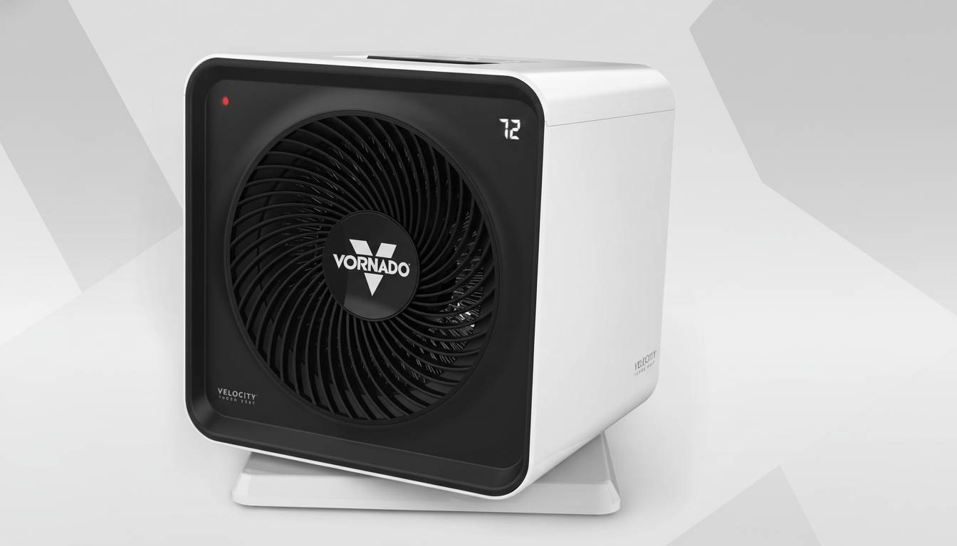 A white Vornado Velocity personal space heater with a black fan grill and a digital display showing "72" is presented on a professional flat design background with soft gray gradients, resized to a 16:9 aspect ratio.