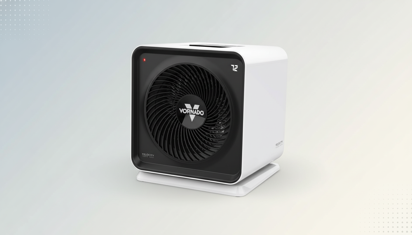 A white Vornado Velocity personal space heater with a black front grille and a digital display showing