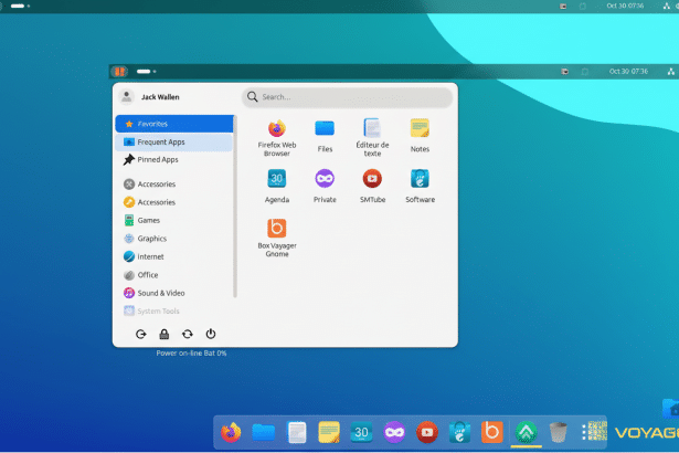A screenshot of the Voyager operating system desktop with a light blue background and various application icons.