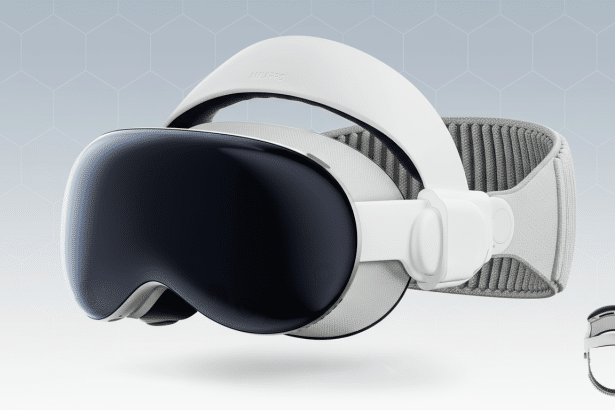 A professional shot of a white virtual reality headset with a dark visor, displayed at a 16 :9 aspect ratio on a soft gradient background with subtle hexagonal patterns. A smaller, rear view of the headset is in the bottom right corner .