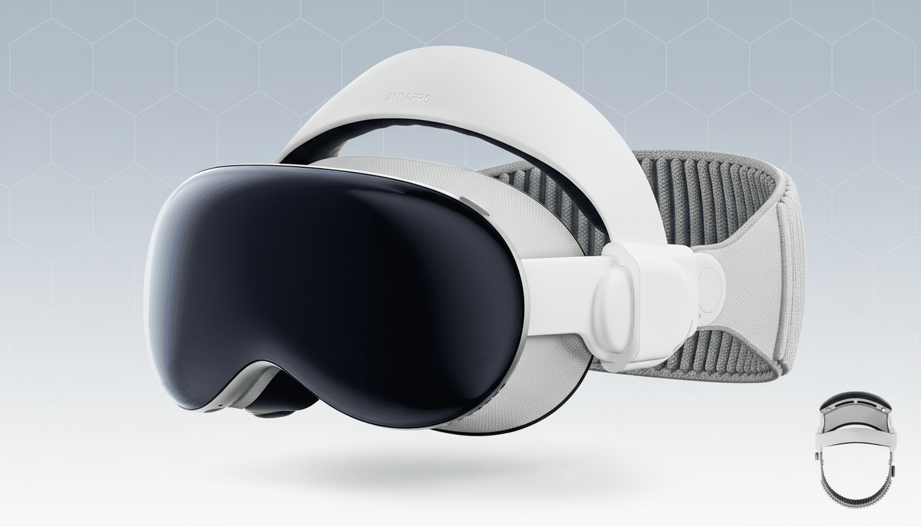 A professional shot of a white virtual reality headset with a dark visor, displayed at a 16 :9 aspect ratio on a soft gradient background with subtle hexagonal patterns. A smaller, rear view of the headset is in the bottom right corner .