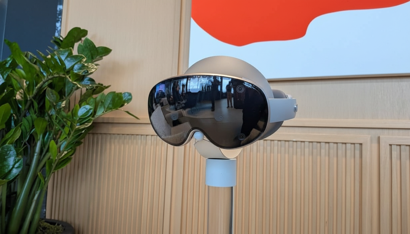 A gray virtual reality headset with reflective lenses sits on a clear stand, with a green plant to the left and a light wood paneling wall in the background.