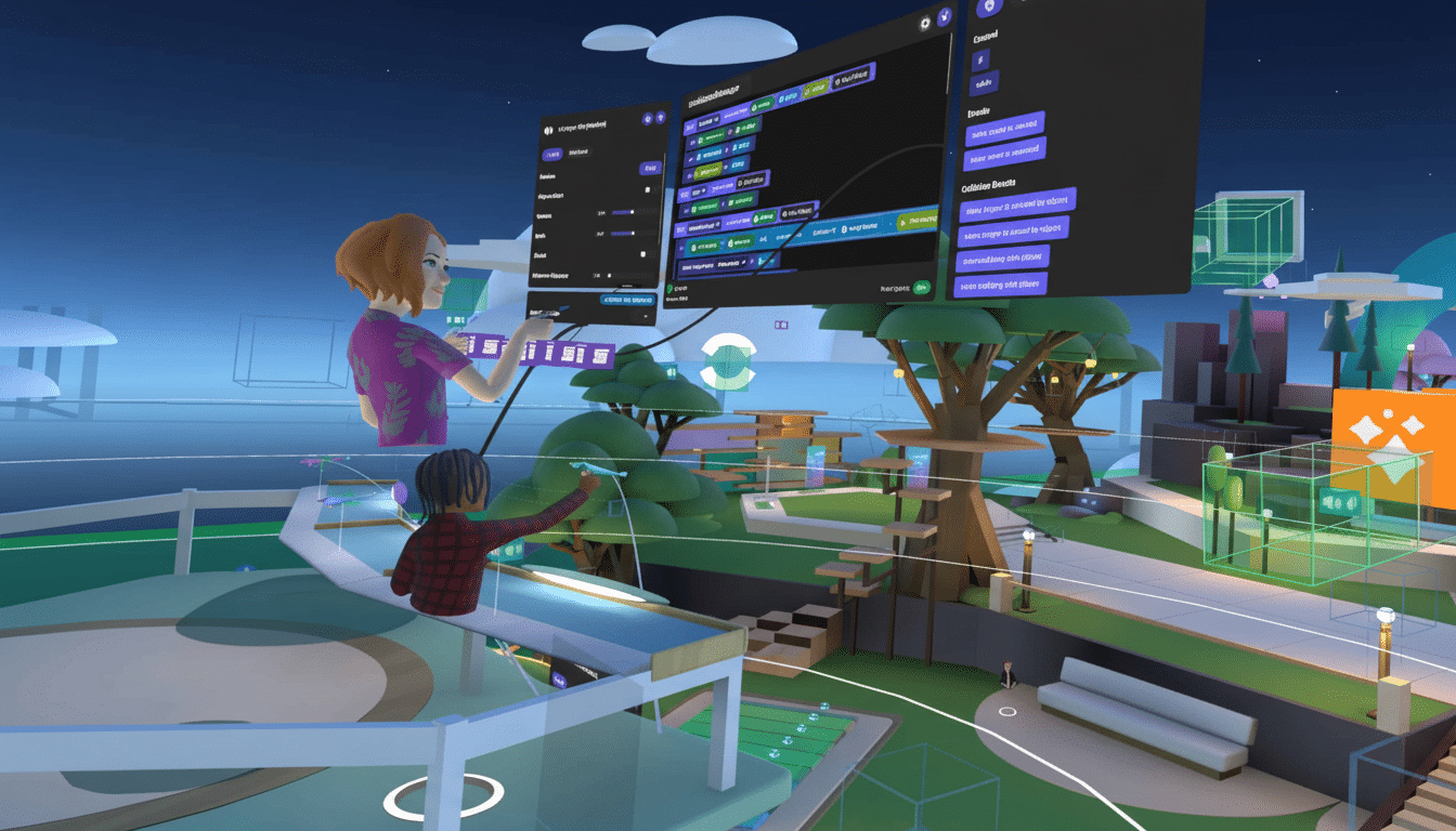 Two people interacting with a holographic interface in a virtual reality environment.