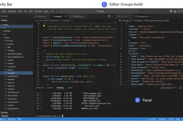 Screenshot of a VS Code development environment, showing an open TypeScript file on the left and a package.json file on the right. Key UI elements lik