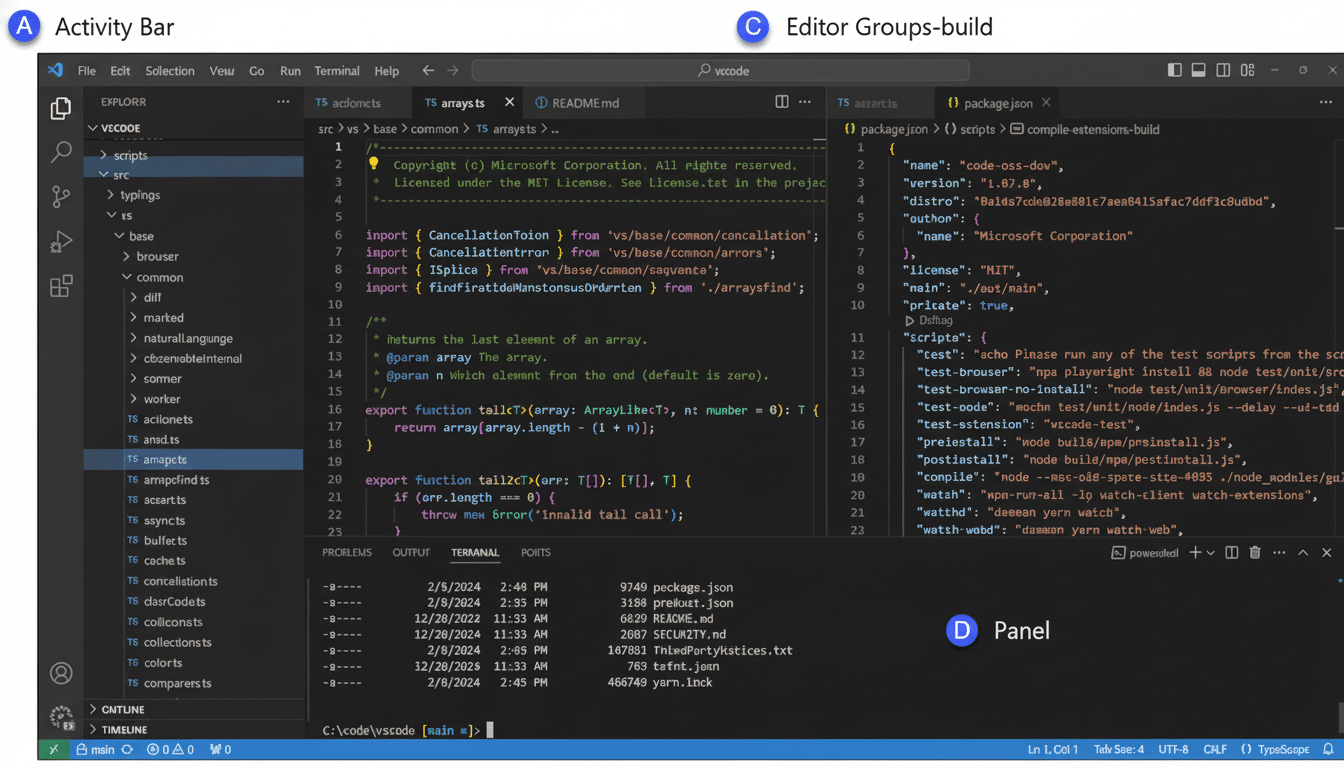 Screenshot of a VS Code development environment, showing an open TypeScript file on the left and a package.json file on the right. Key UI elements lik