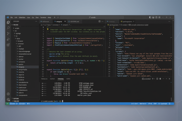 A screenshot of a VS Code development environment displaying code files, a file explorer, and a terminal, resized to a 16: 9 aspect ratio with a profe