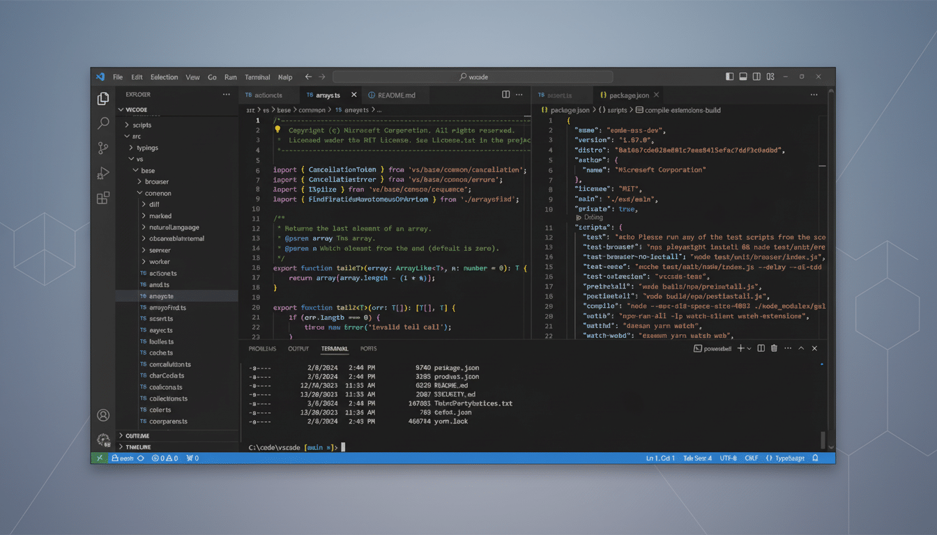 A screenshot of a VS Code development environment displaying code files, a file explorer, and a terminal, resized to a 16: 9 aspect ratio with a profe