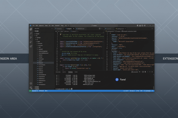 A professional screenshot of the VSCode integrated development environment with labeled sections for Activity Bar, Primary Side Bar, Editor Groups, Pa