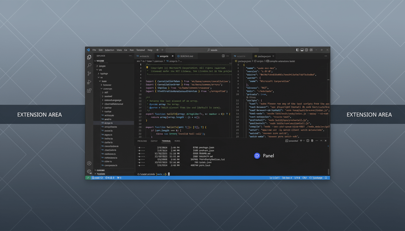 A professional screenshot of the VSCode integrated development environment with labeled sections for Activity Bar, Primary Side Bar, Editor Groups, Pa