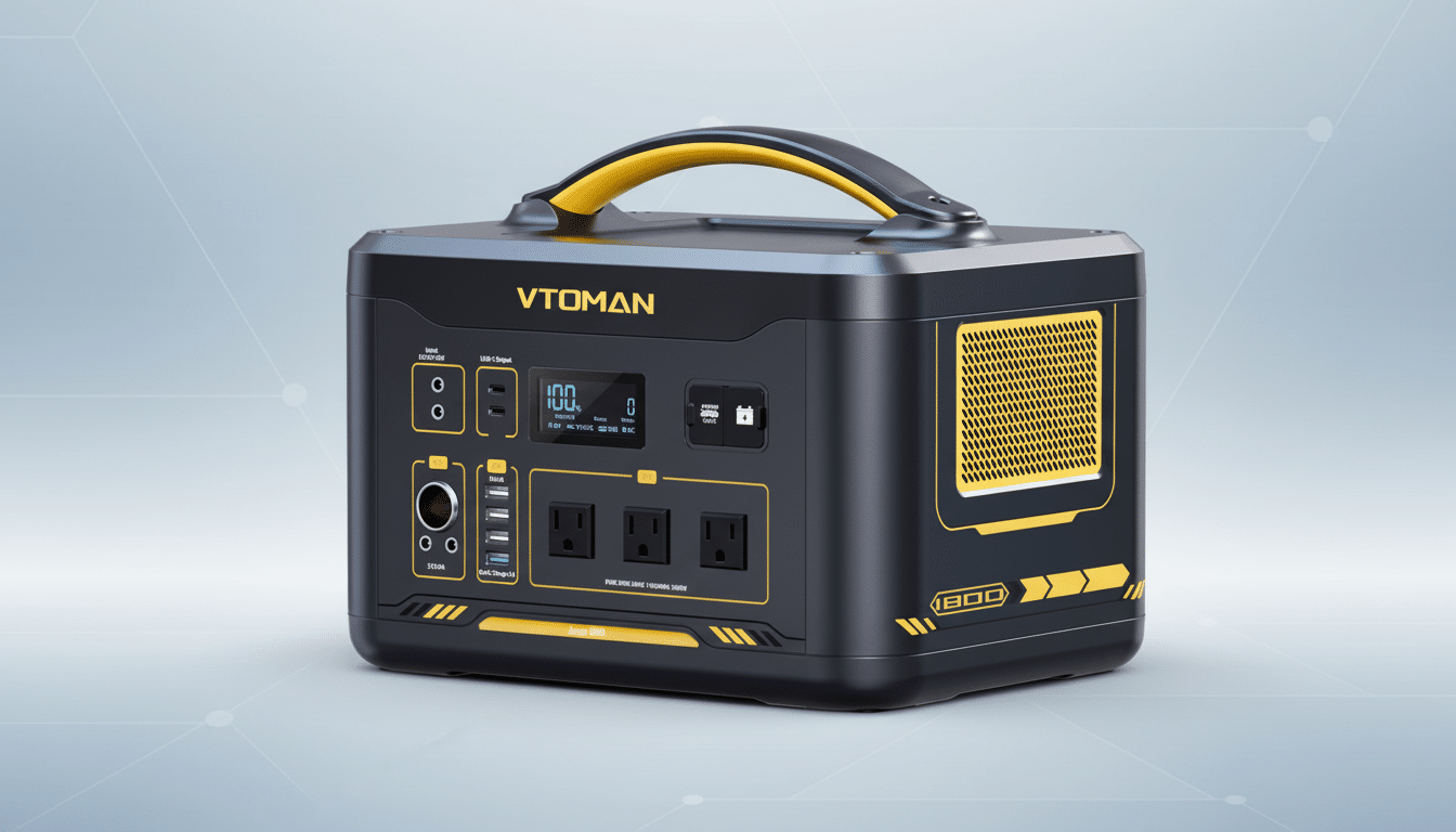 A professional image of the VTOM AN Jump 1 800 portable power station, black and yellow , featuring multiple input and output ports, a digital display, and a yellow carrying handle, presented against a clean gray gradient background. Filename : vt omanjump 1800 power station.png