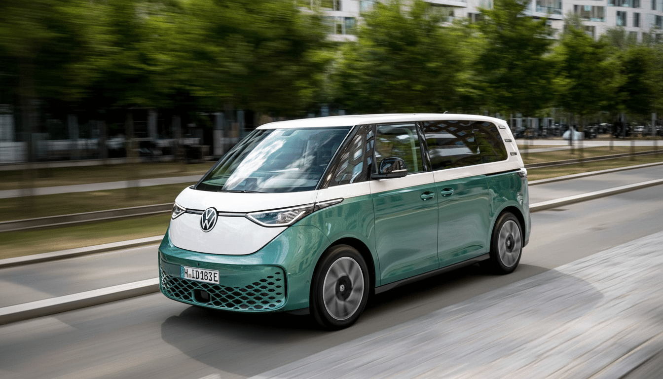 A two -tone white and teal Volkswagen ID. Buzz electric van driving on a road with trees and buildings in the background.