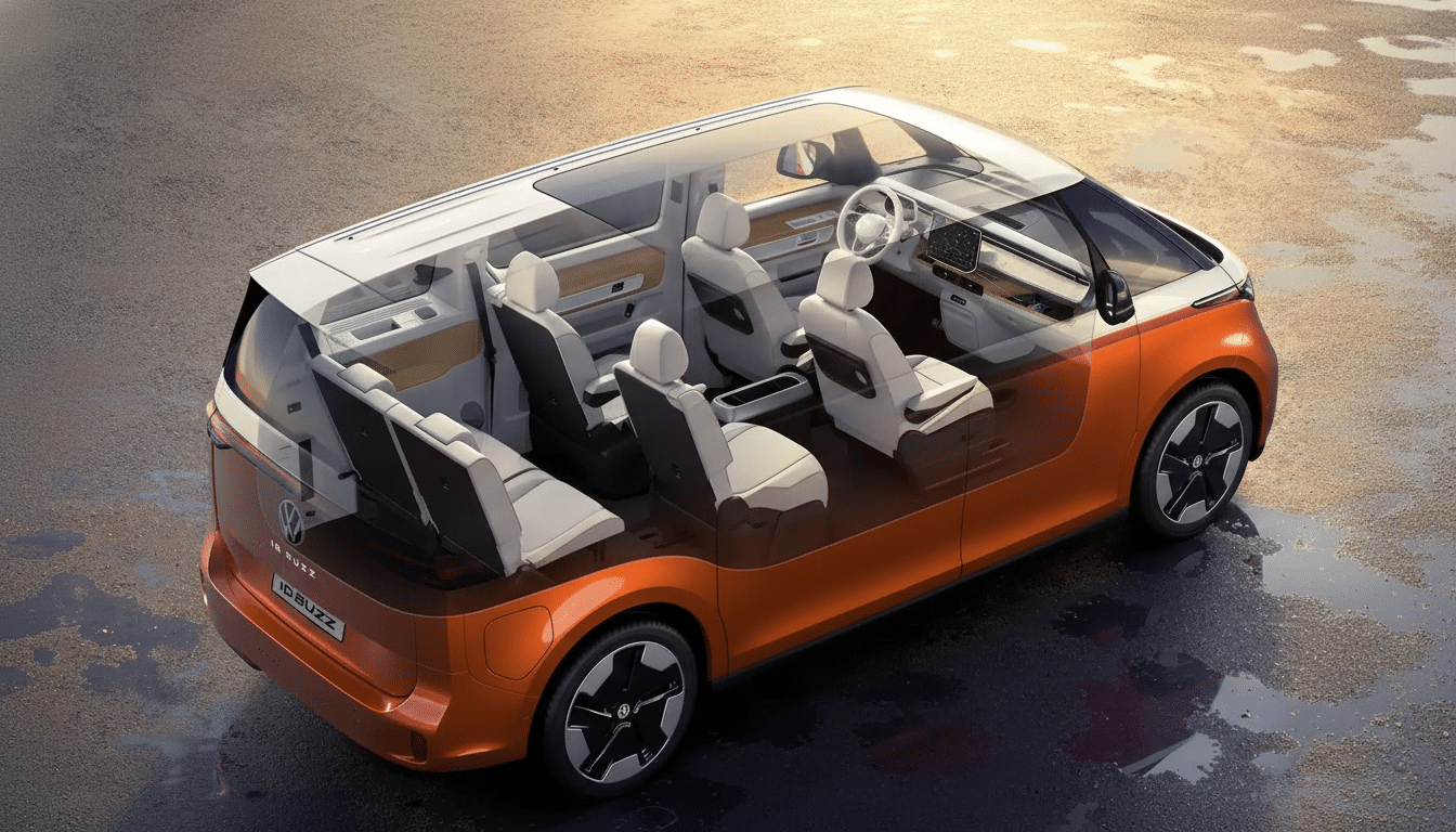 An aerial view of a Volkswagen ID. Buzz with its interior structure and seating visible through a transparent outer shell, parked on an asphalt surfac