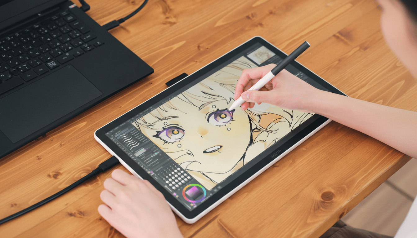 A person ' s hand drawing a manga character on a Wacom tablet, with a laptop in the background, set on a wooden desk .