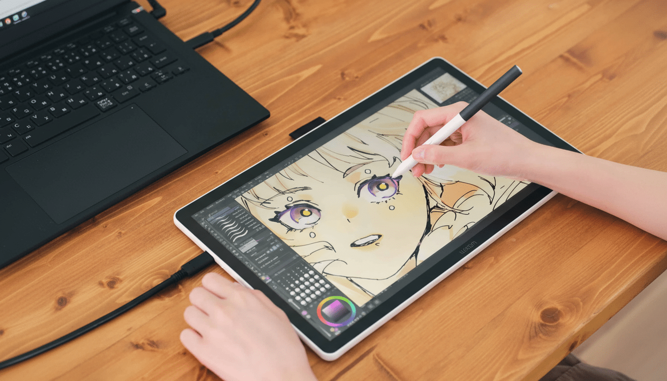 A person 's hand using a stylus on a Wacom tablet to digitally draw an anime-style character with large purple eyes, next to a black laptop on a wooden desk .