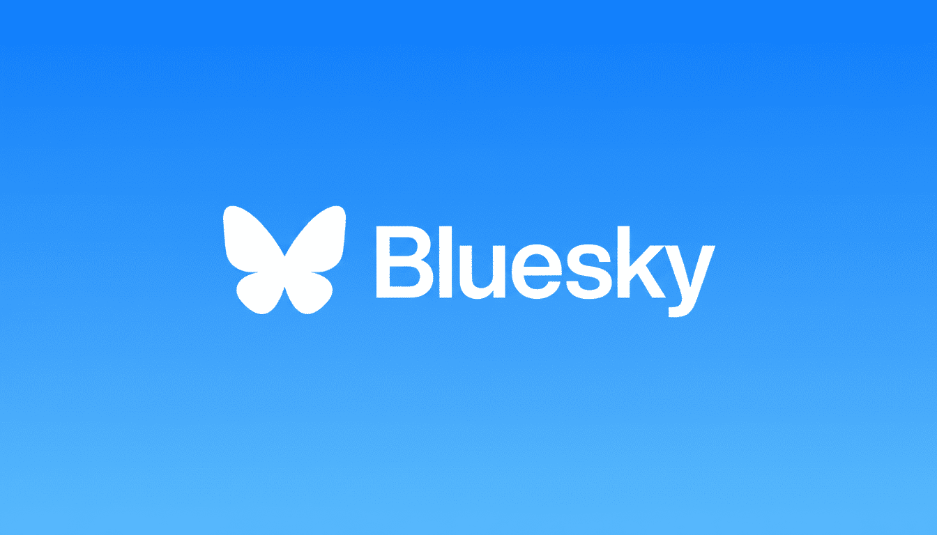 The Bluesky logo featuring a white butterfly icon and the word Bluesky in white text, all set against a gradient blue background.