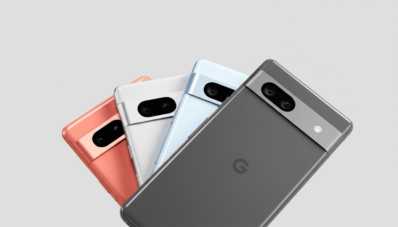 Four Google Pixel 7 smartphones in different colors ( coral, white, blue, and black ) f anned out on a plain grey background, presented in a 16: 9 asp
