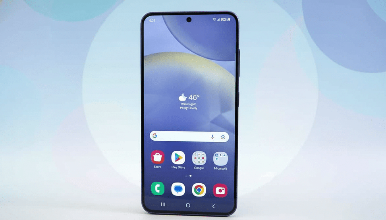 A modern smartphone displaying its home screen with a weather widget, search bar, and app icons, set against a professional soft blue gradient backgro