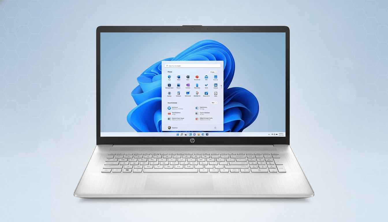 A professional shot of a silver HP laptop with Windows 11 displayed on the screen, set against a light blue background with a subtle hexagonal pattern
