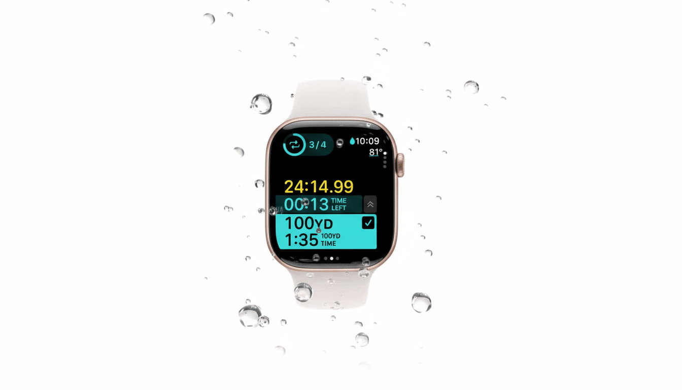 An Apple Watch with a white band is shown, displaying a workout interface with timers and distances, surrounded by water droplets.