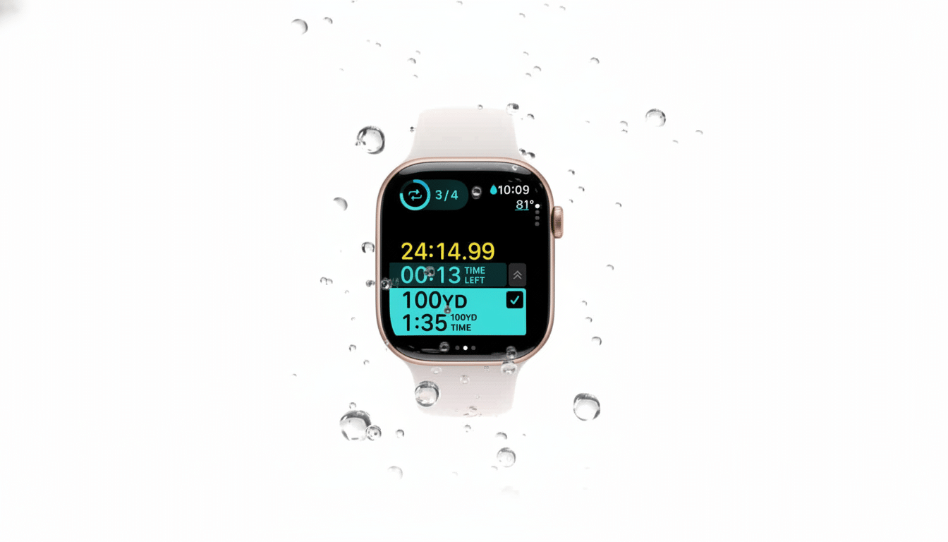 An Apple Watch with a white band is shown against a plain white background with water droplets. The watch display shows workout metrics including time, distance, and pace .