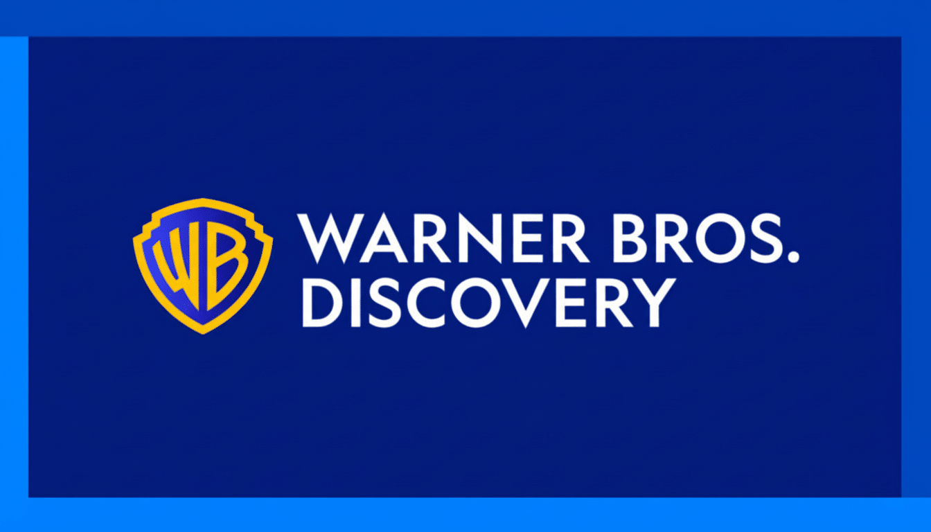 The Warner Bros. Discovery logo, featuring the gold and blue WB shield next to the white text WARNER BROS. DIS COVERY on a plain blue background, resi