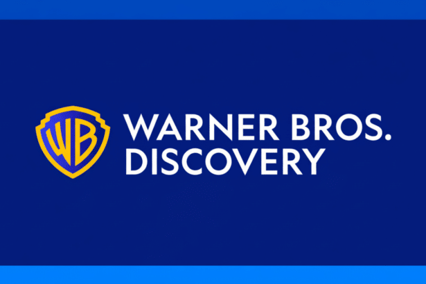 The Warner Bros. Discovery logo, featuring the gold and blue WB shield next to the white text WARNER BROS. DIS COVERY on a deep blue background, resiz