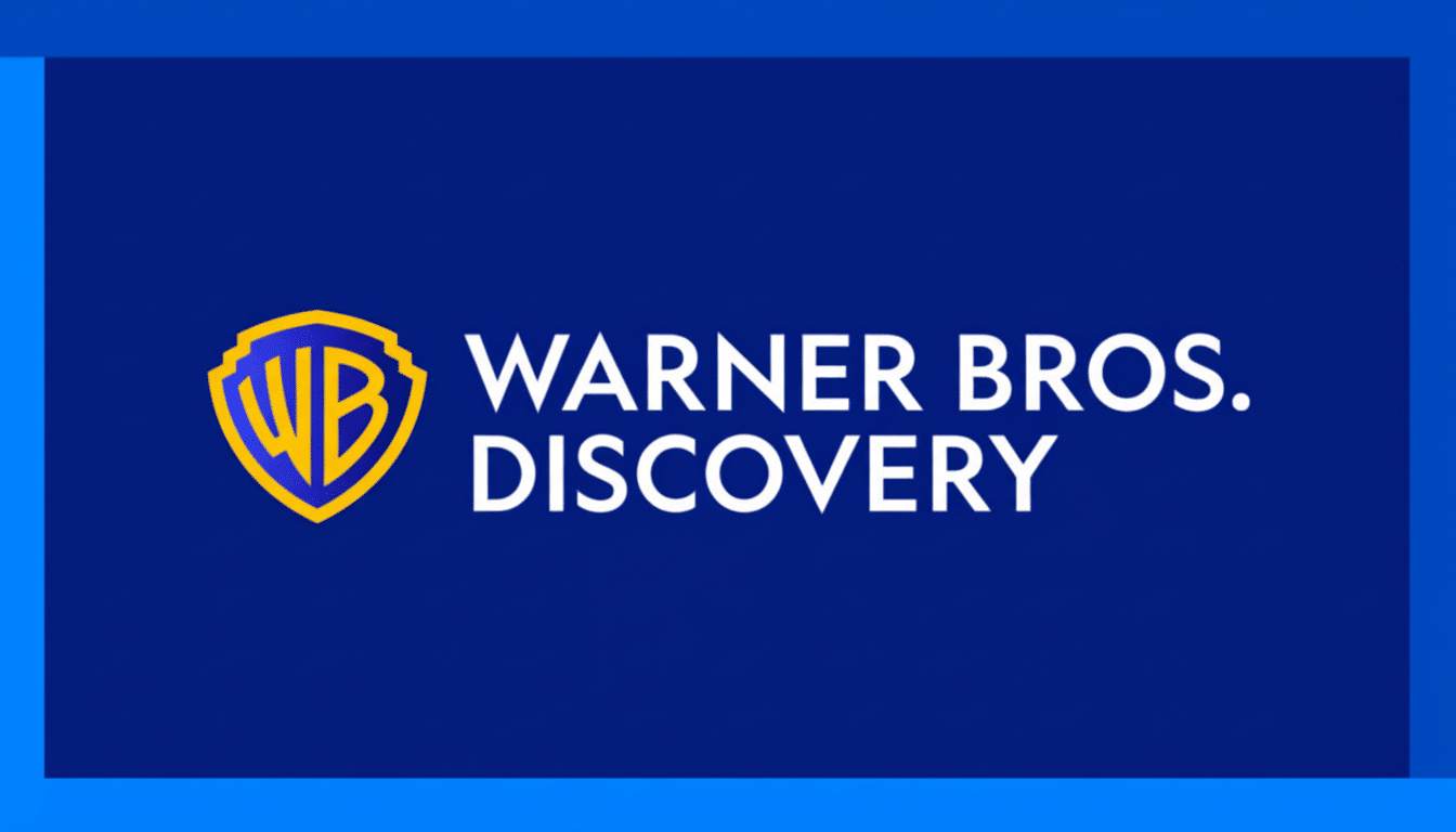 The Warner Bros. Discovery logo, featuring the gold and blue WB shield next to the white text WARNER BROS. DIS COVERY on a deep blue background, resiz