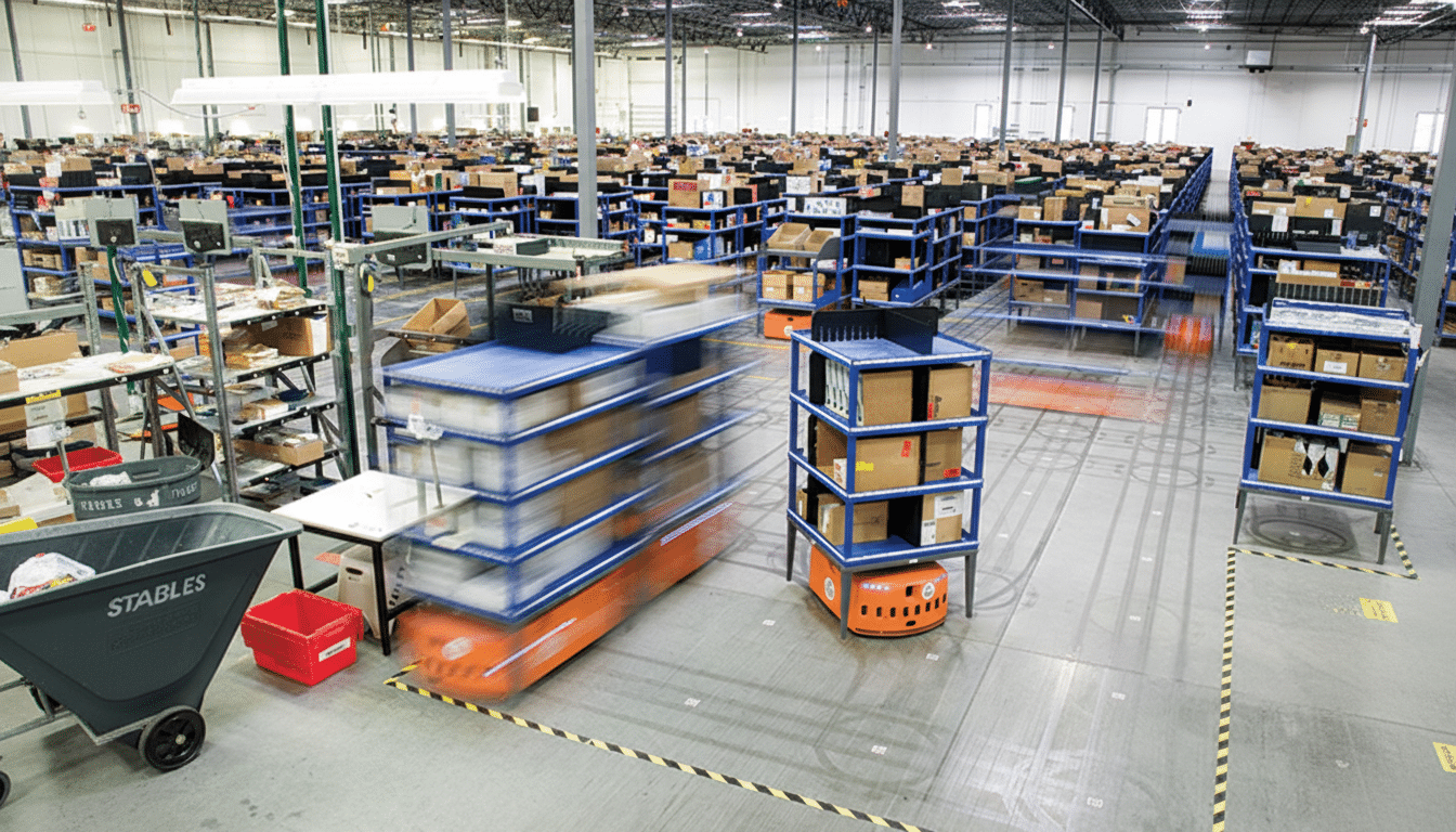 An interior view of a large warehouse with many shelves stacked with boxes. Two robotic carriers, one moving and one stationary, are visible in the fo