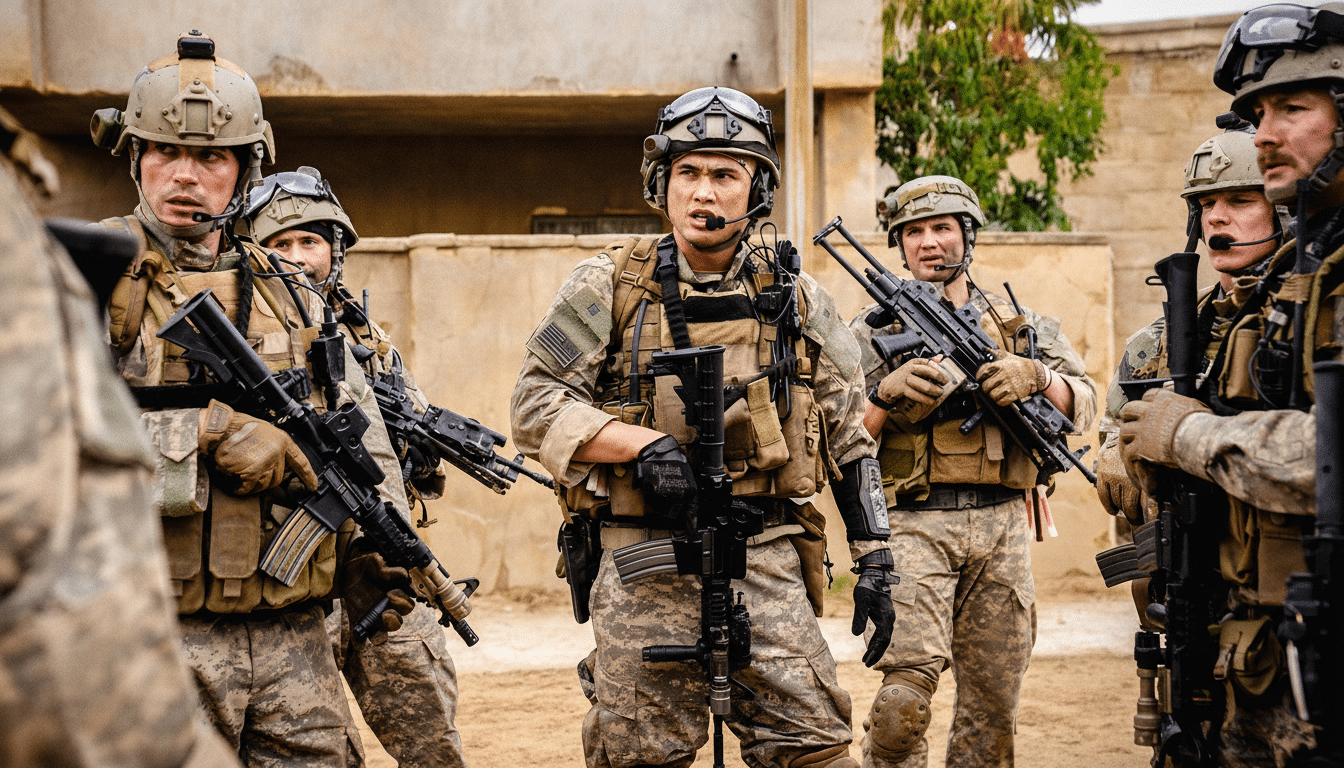 A group of soldiers in combat gear standing outdoors, resized to a 1 6: 9 aspect ratio with enhanced professional quality.