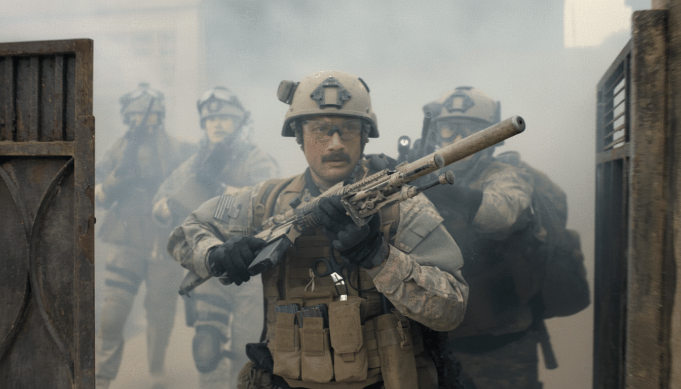 A group of soldiers, led by one in the foreground with a mustache and glasses, are moving through a smoky environment with a large rifle.