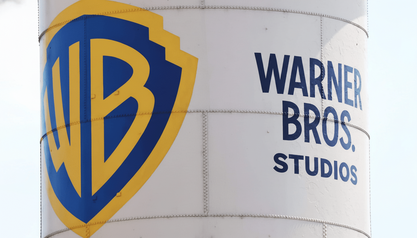 Warner Bros. Studios water tower, with the iconic WB shield logo and  Warner Bros. Studios  text.
