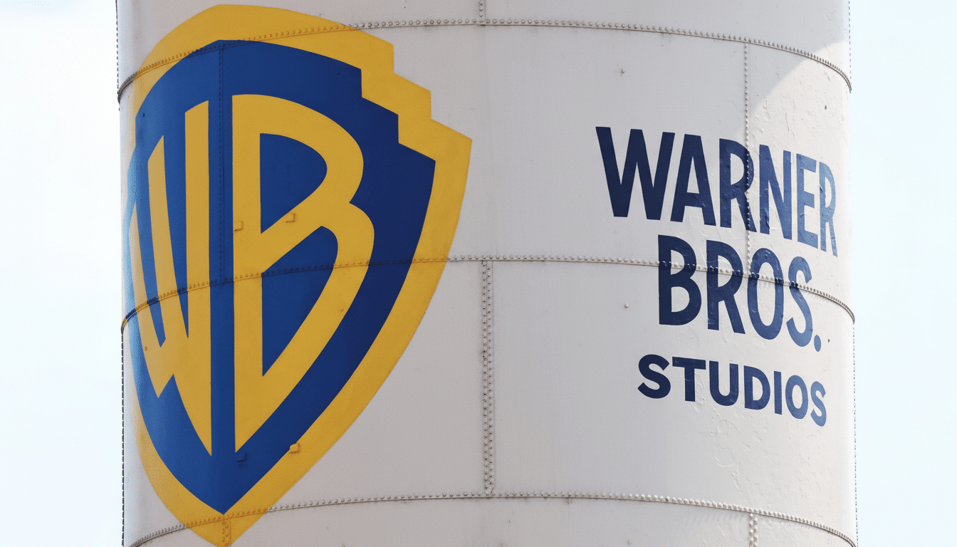 The iconic Warner Bros. logo, a blue shield with a yellow WB, next to the words WARNER BROS. STUDIOS on a white water tower, set against a clear sky.