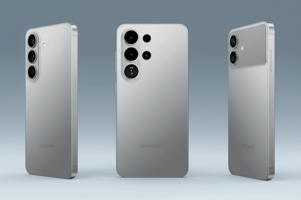 Three gray smartphones are shown from different angles on a light gray background, highlighting their camera arrays. Filename : three graysmart phones. png