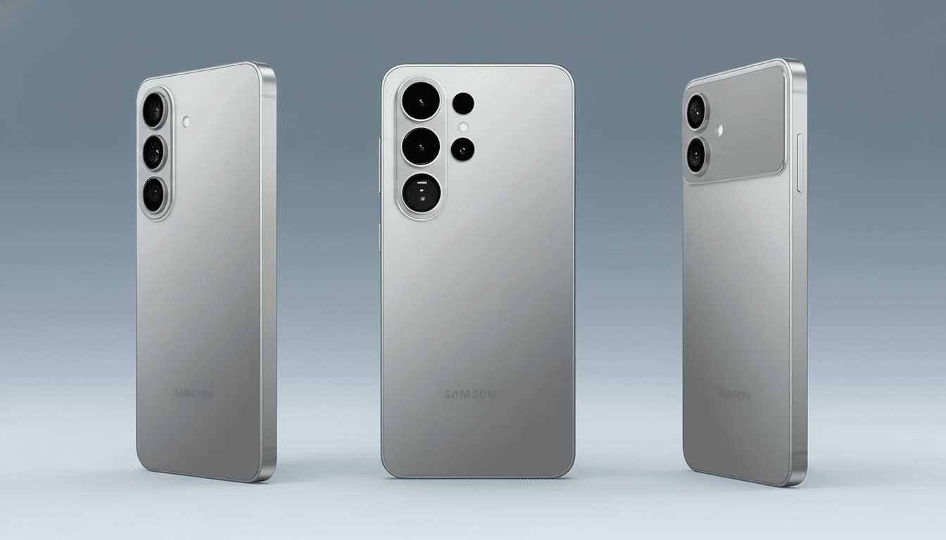 Three gray smartphones are shown from different angles on a light gray background, highlighting their camera arrays. Filename : three graysmart phones. png