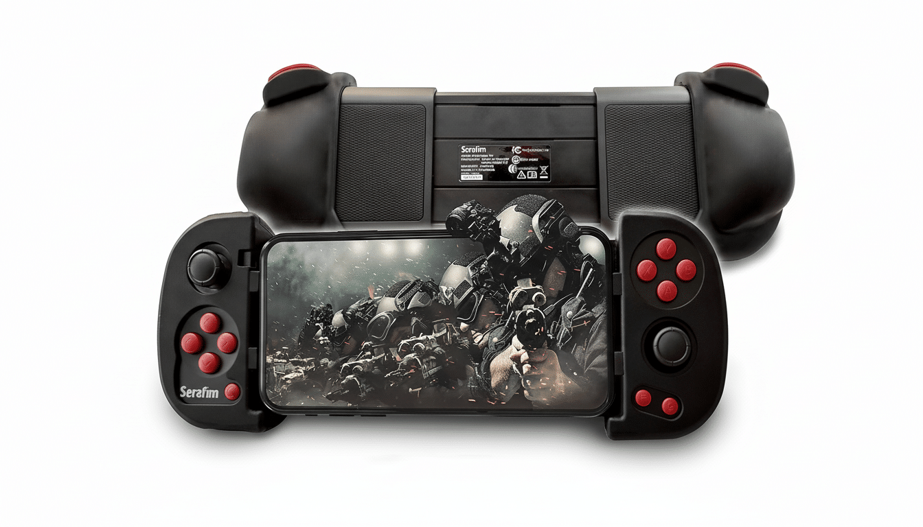 A black Sera fim smartphone game controller with a smartphone displaying a gaming scene , presented on a clean white background.