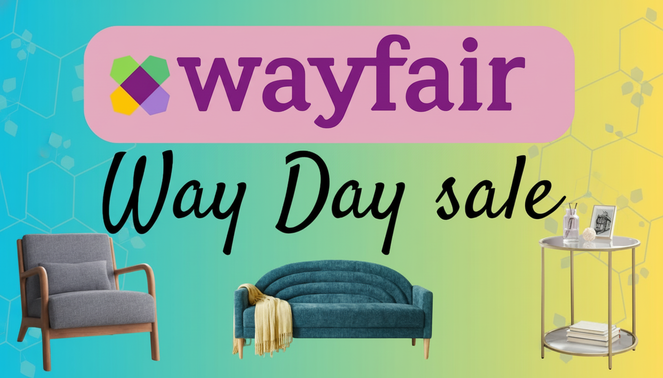 A promotional image for Wayfairs Way Day sale featuring the Wayfair logo, a gray armchair, a blue sofa with a yellow throw blanket, and a gold side table with decorative items, all set against a professional flat design background with soft patterns and a blue-to-yellow gradient.