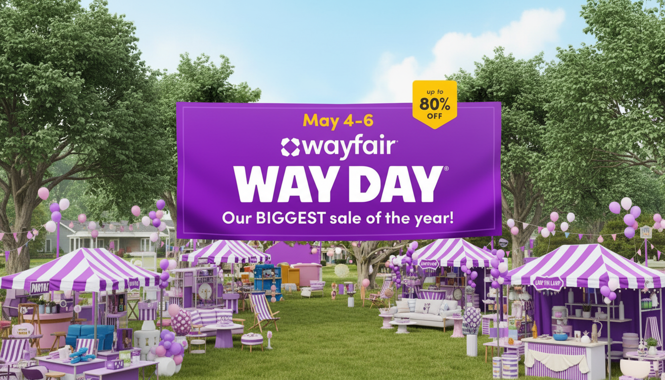 A wide shot of an outdoor Wayfair Way Day sale event with purple and white striped tents, various furniture and home decor items, and purple balloons under a clear sky. A large purple banner in the center announces Way Day, May 4-6, Our BIGGEST sale of the year! with up to 80% off in a yellow tag.