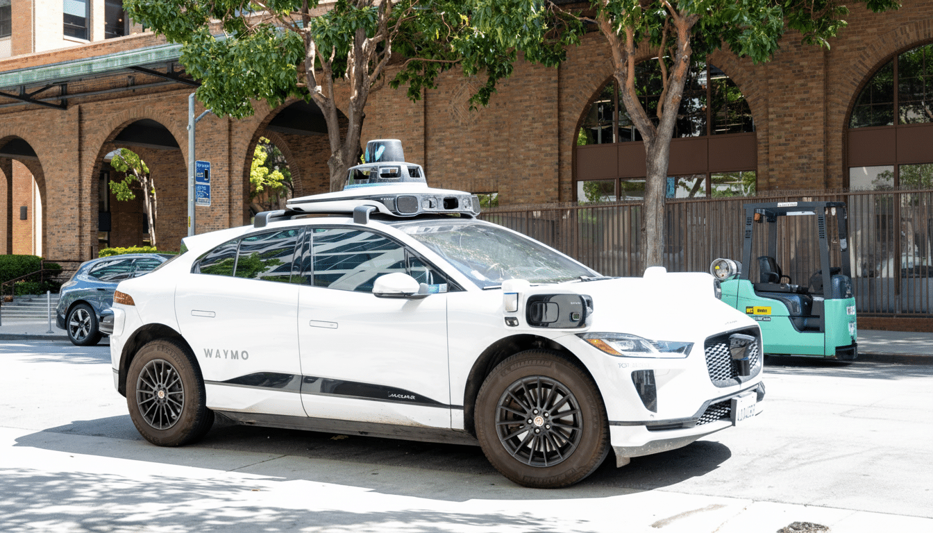 A white Waymo self -driving car, a Jaguar I- Pace electric SUV, is parked on a city street with trees and buildings in the background.