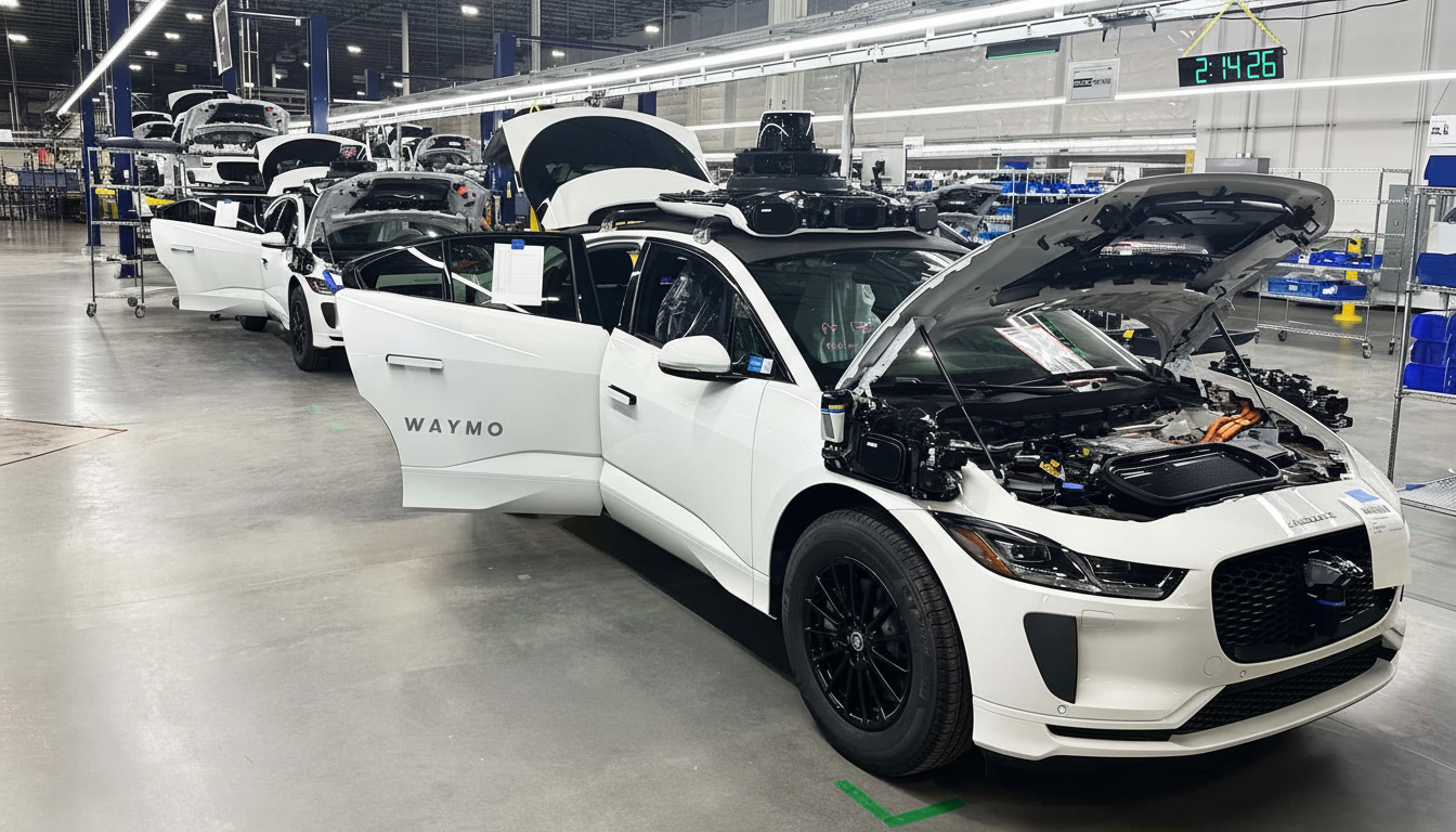 A line of white Waymo self-driving cars, with their hoods and doors open, on an assembly line in a factory.