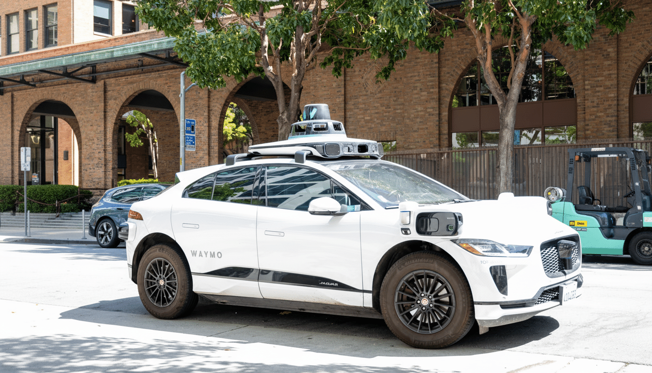 A white Waymo autonomous vehicle , a Jaguar I- Pace, parked on a city street in front of a building with arched windows and trees.
