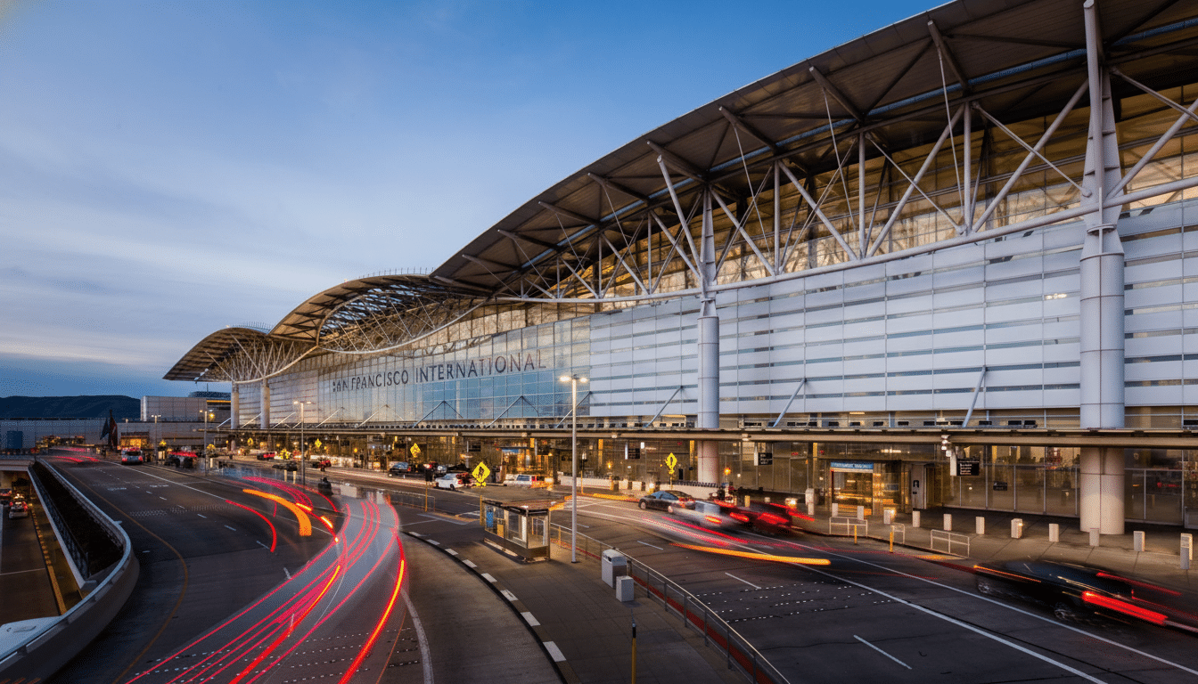A professional, enhanced image of the San Francisco International Airport terminal building at dusk, with light trails from cars on the adjacent roadw