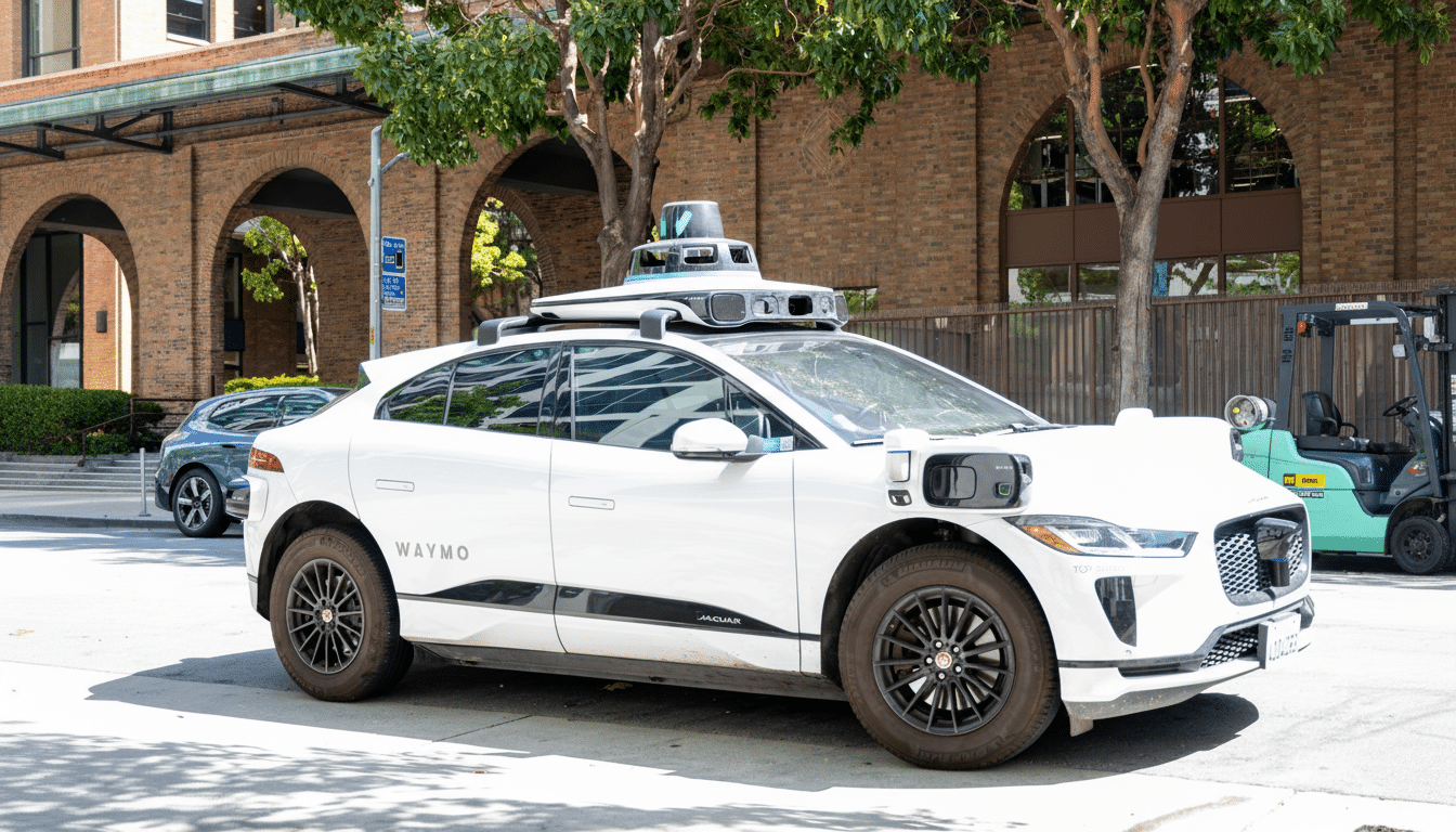 A white Waymo self -driving car , a Jaguar I- Pace SUV , is parked on a city street with trees and a building with arched windows in the background .